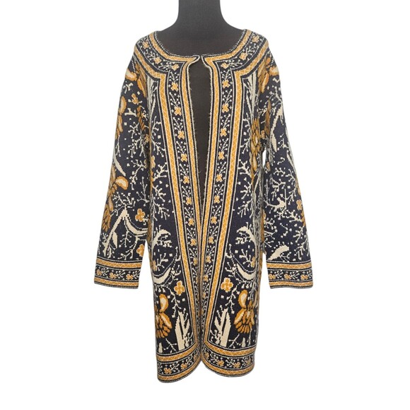 MAXSPORT Sweater Coat Med Navy Gold Floral Nordic Scandinavian Open Front Thick - Picture 1 of 7